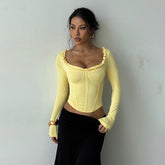 Black Fungus Trim Long-Sleeved Corset Top